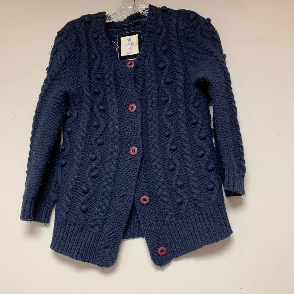 Aerie Cardigan Womens M Navy Blue Good Cable Knit Popcorn Bobble Wool Blend Swea